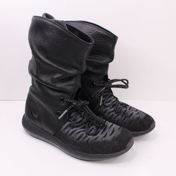 Nike Womens Roshe 2 Hi Flyknit Slouch Leather Boots Size 7 All Black Gray 861708 - Picture 1 of 13